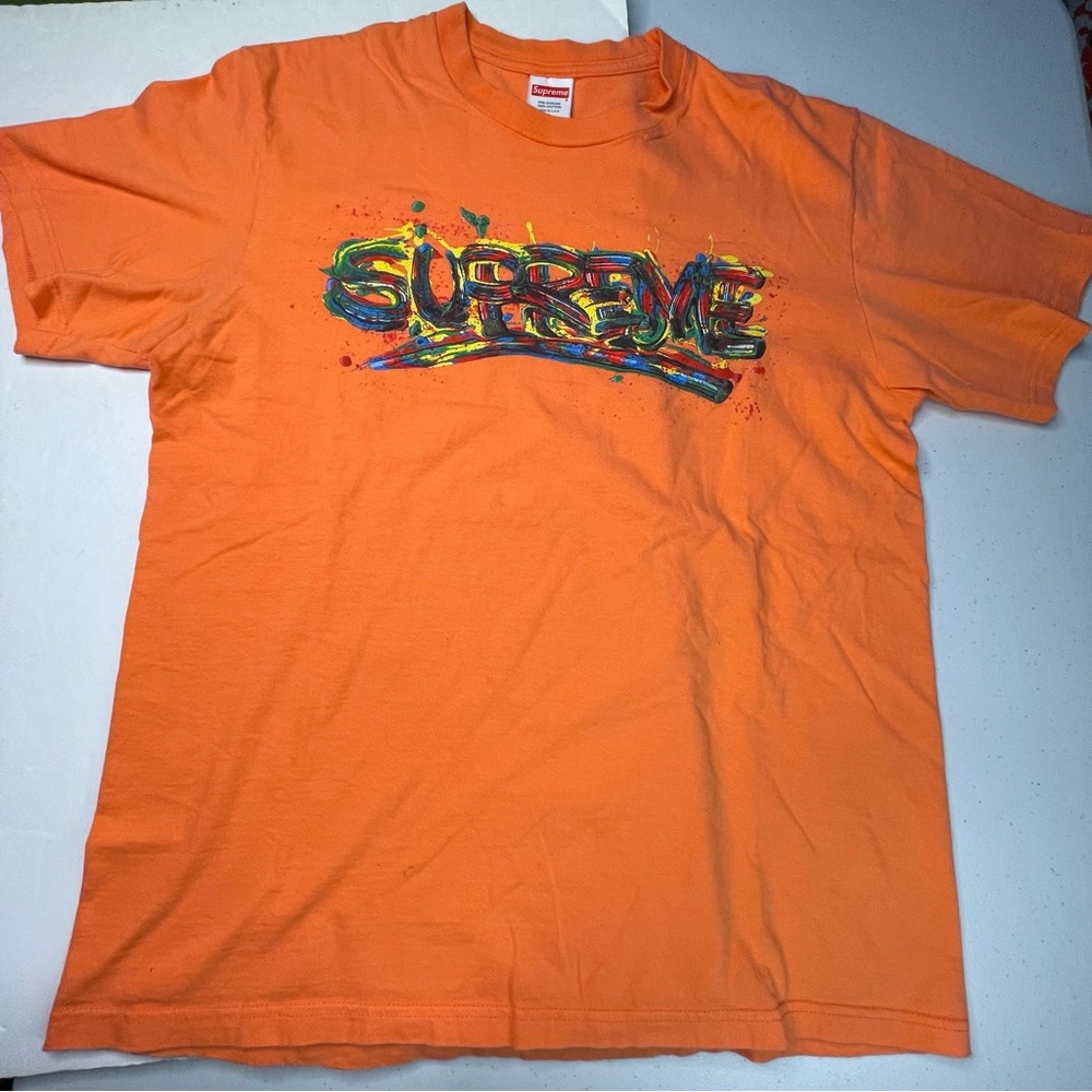Supreme Paint Logo Mens Medium Size Orange Color Graphic Tee Shirt